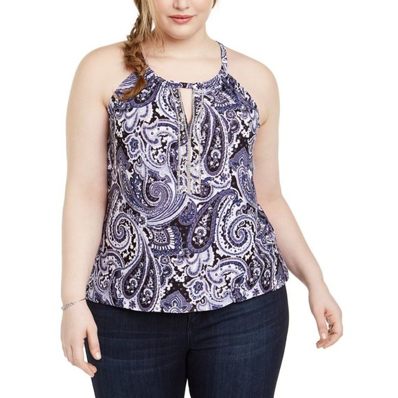 INC Printed Keyhole-Cutout Embellished Halter Top - Picture 1 of 6